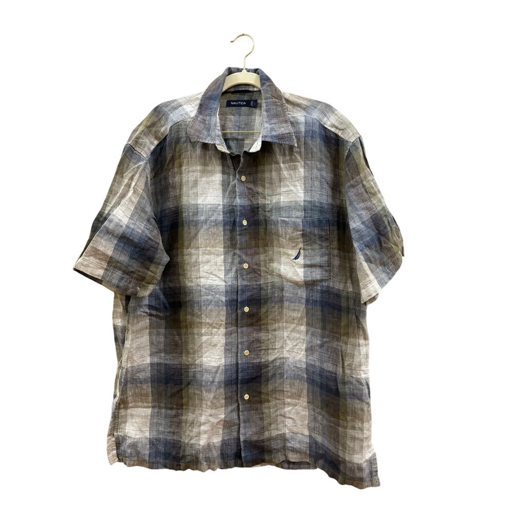 Nautica linen gray green blue plaid button down shirt size large short sleeve